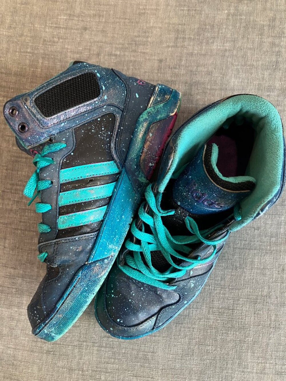 Retro adidas Galaxy Splatter High Top Sneakers Teal Iridescent Women 7 Q33091